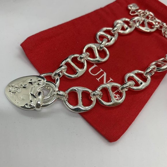 Uno de 50 Necklace Silver-plated Heavy Double Link Necklace Large Heart Lock - Picture 4 of 10